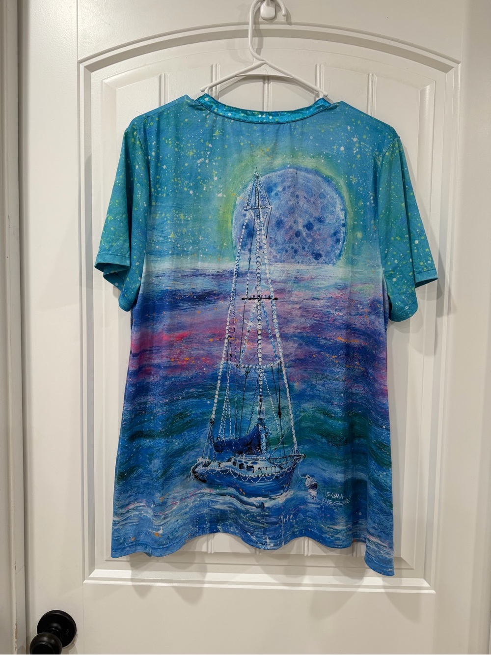 EUC Women's Blue Nautical Sailboat Graphic Blouse - Picture 4 of 4